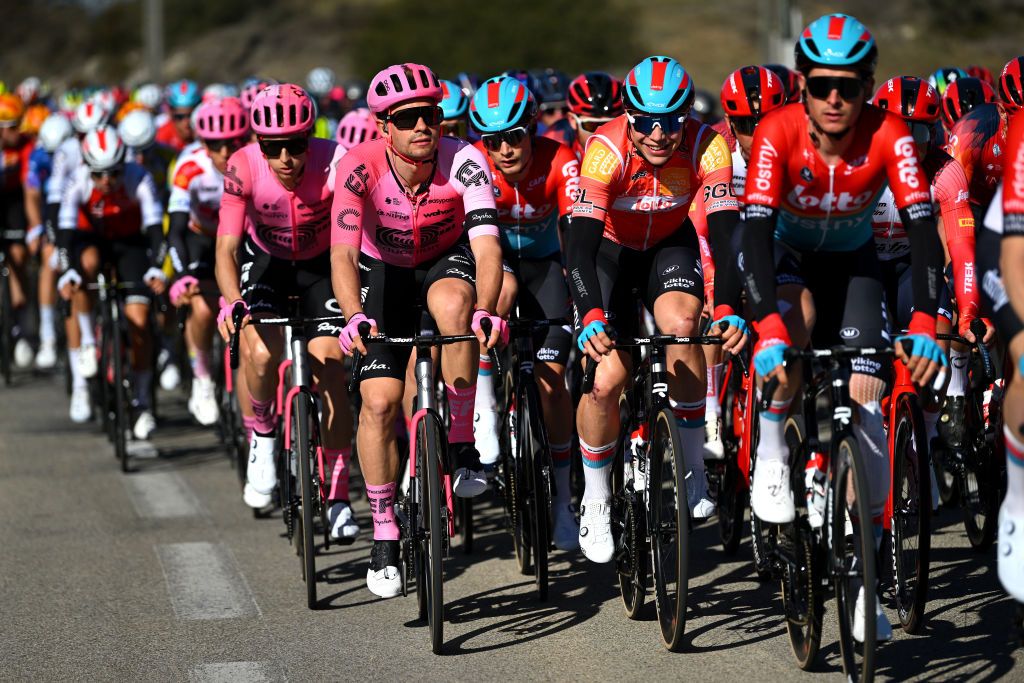 AUBAIS FRANCE FEBRUARY 02 LR Stefan Bisseger of Switzerland and Team EF Education Easypost and Arnaud De Lie of Belgium and Team Lotto Dstny Orange leader Jersey compete during the 53rd Etoile de Besseges Tour Du Gard 2023 Stage 2 a 16963km stage from Bagard to Aubais EDB2021 on February 02 2023 in Aubais France Photo by Luc ClaessenGetty Images