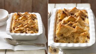 A bread and butter pudding made with Baileys shot from two different angles