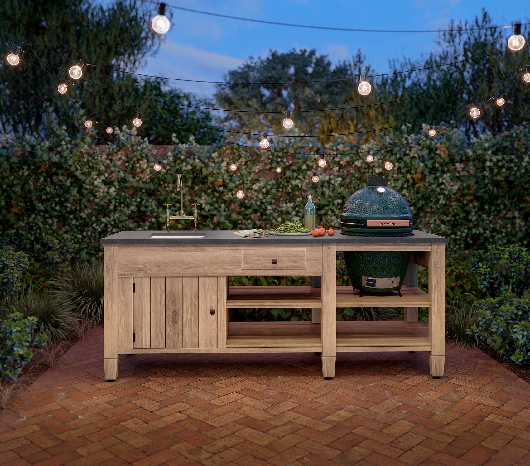 A wooden grill island at dusk
