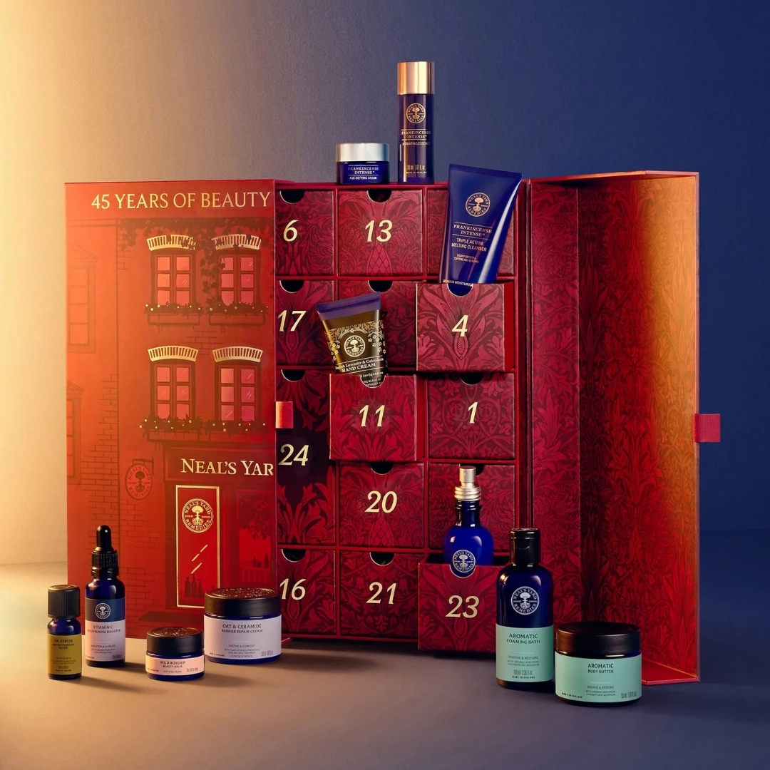 Neal's Yard 45th Anniversary Advent Calendar with its contents in front of it