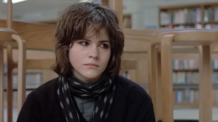 Ally Sheedy in all black, looking very serious in The Breakfast Club