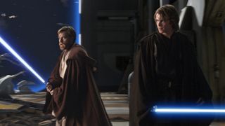 Ewan McGregor as Obi-Wan Kenobi and Hayden Christensen as Anakin Skywalker with lightsabers in Revenge of the Sith