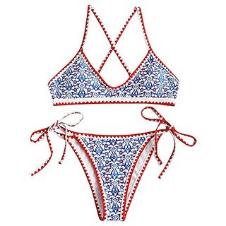 Zaful Bohemian Tie Whip Stitch Print Cross Bikini Spaghetti Strap Swimwear