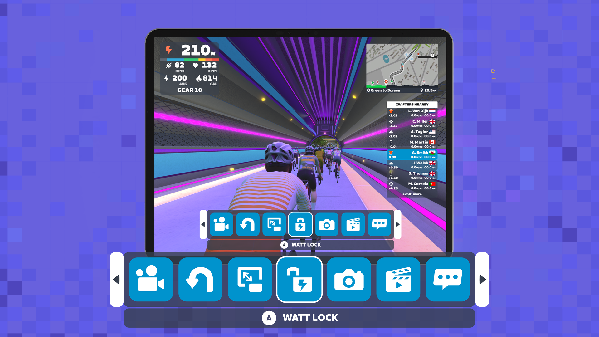 A screenshot of the Zwift User Interface, highlighting the new 'watt lock' feature