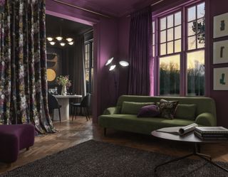 purple living room with floral curtains