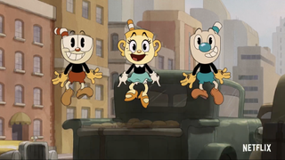 Cuphead, Ms. Chalice and Mugman in The Cuphead Show