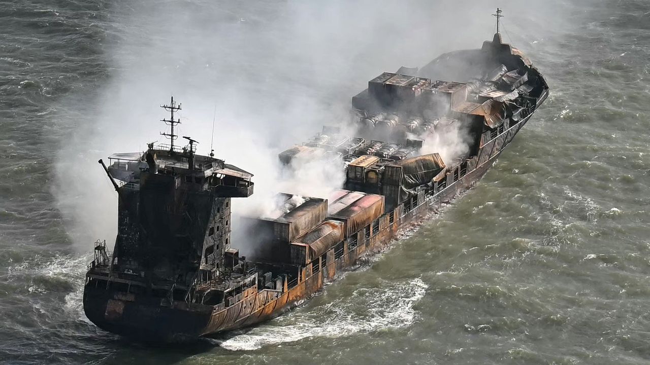 Smoke rises from the MV Solong cargo ship in the North Sea, off the coast of Withernsea