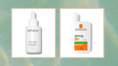 An image of two of the best SPFs for oily skin - alpha h dawn to dusk SPF50 and la roche posay anthelios oil control, on a green holographic backdrop