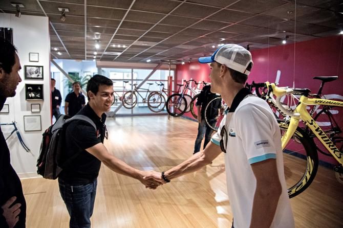 Zdeněk Stybar is greeted upon arrival at Specialized's HQ