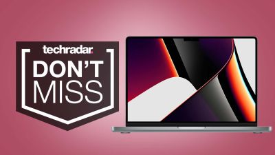 A MacBook Pro 16-inch against a dark pink background and a TechRadar Don't Miss badge