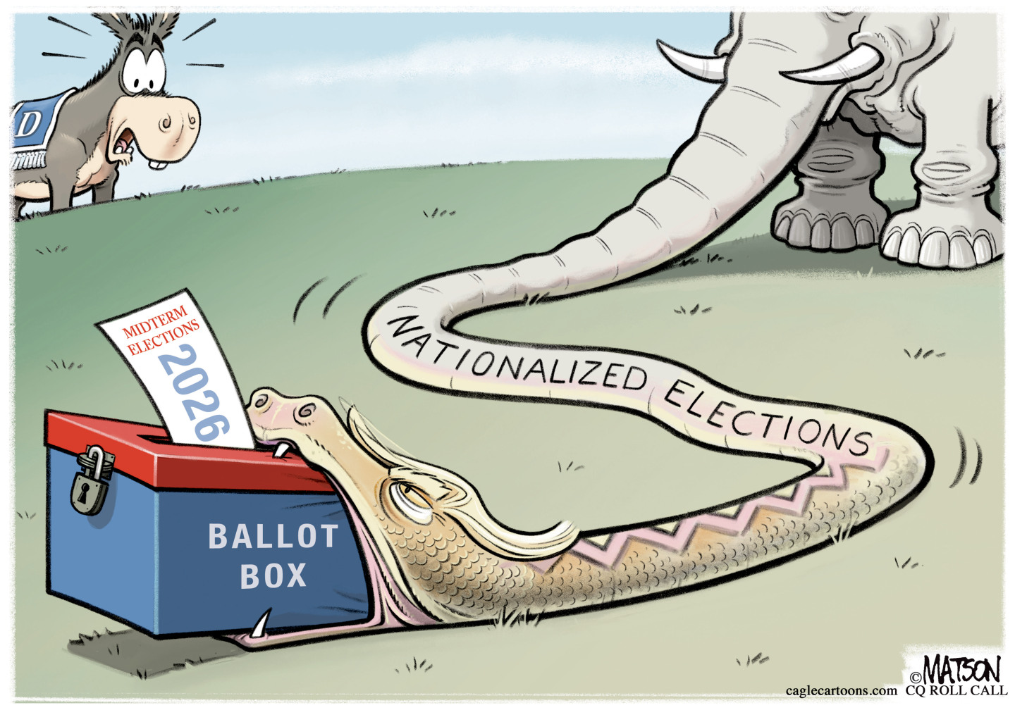 This cartoon depicts an elephant whose trunk has stretched much further than normal and become a snake with the words &amp;ldquo;nationalized elections.&amp;rdquo; The snake is eating a ballot box with a ballot from the 2026 midterm elections. A scared-looking donkey is in the background.