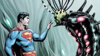 Superman coming face to face with an eerie, inhuman version of Brainiac