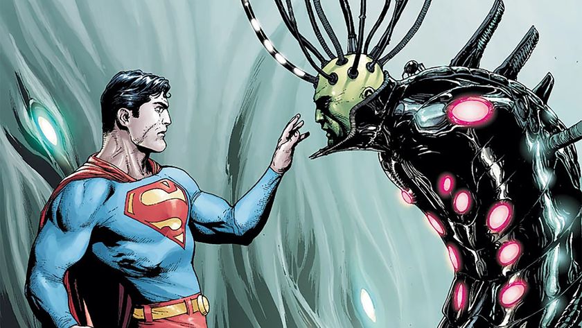 Superman coming face to face with an eerie, inhuman version of Brainiac