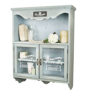 Dibor Vintage Blue French Wall Cupboard with glass cabinets and French writing