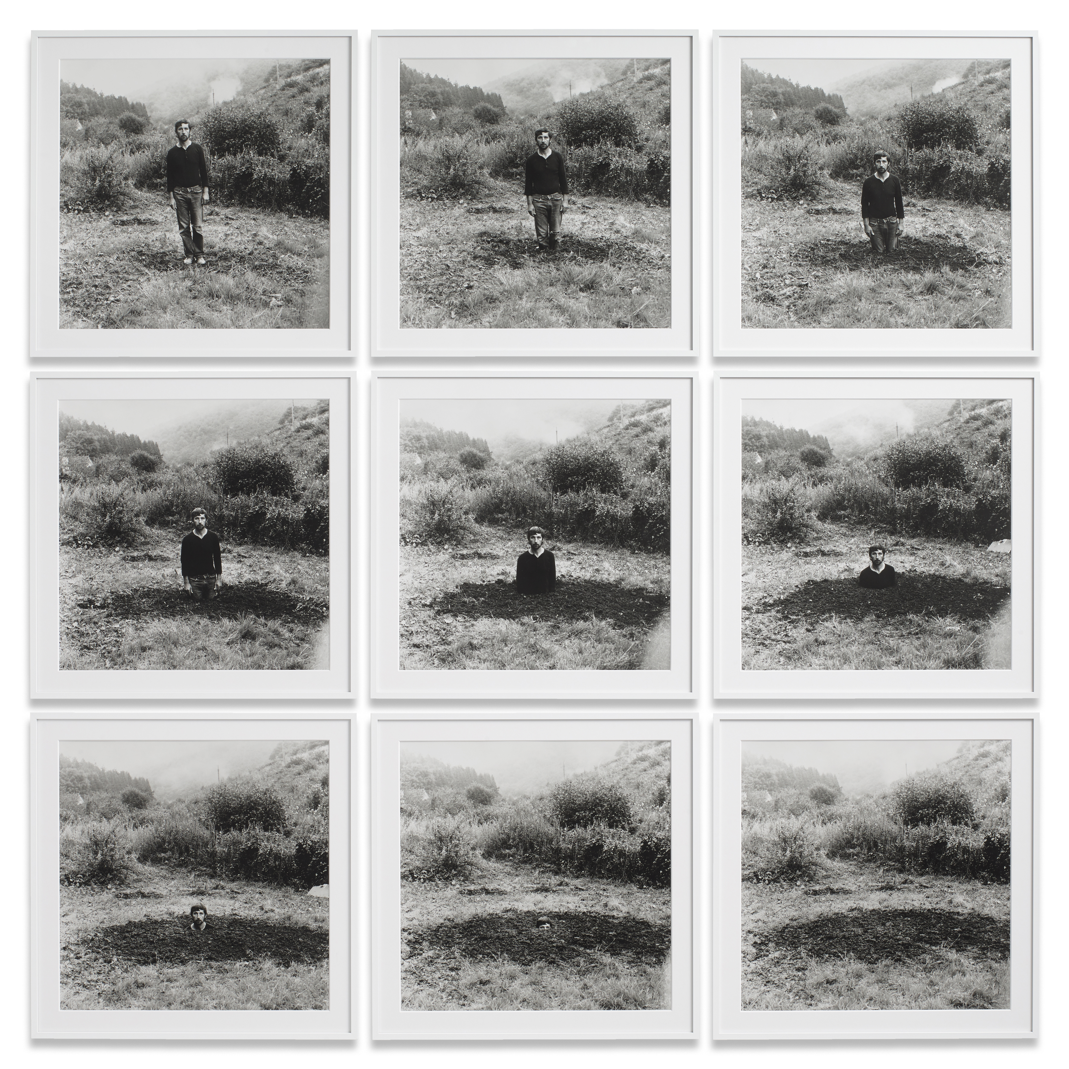 grid of photos showing progress of man apparently burying himself, from &amp;lsquo;Seriously&amp;rsquo; at Spr&amp;uuml;th Magers