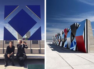 The photo to the left shows Ora-Ïto and artist Daniel Buren photographed sitting on the roof. Daniel Buren is taking a photo. The photo to the right shows Danil Buren' sculpture. Different colored panels are connected in the middle by either protruding at a sharp angle or receding.