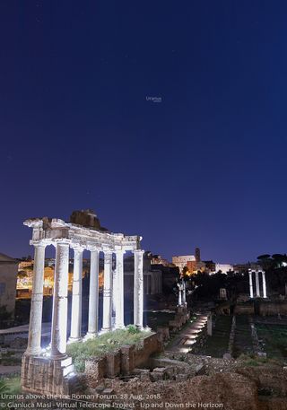 The ice giant Uranus as seen on Aug. 28, 2018, with the Roman Forum in the foreground.