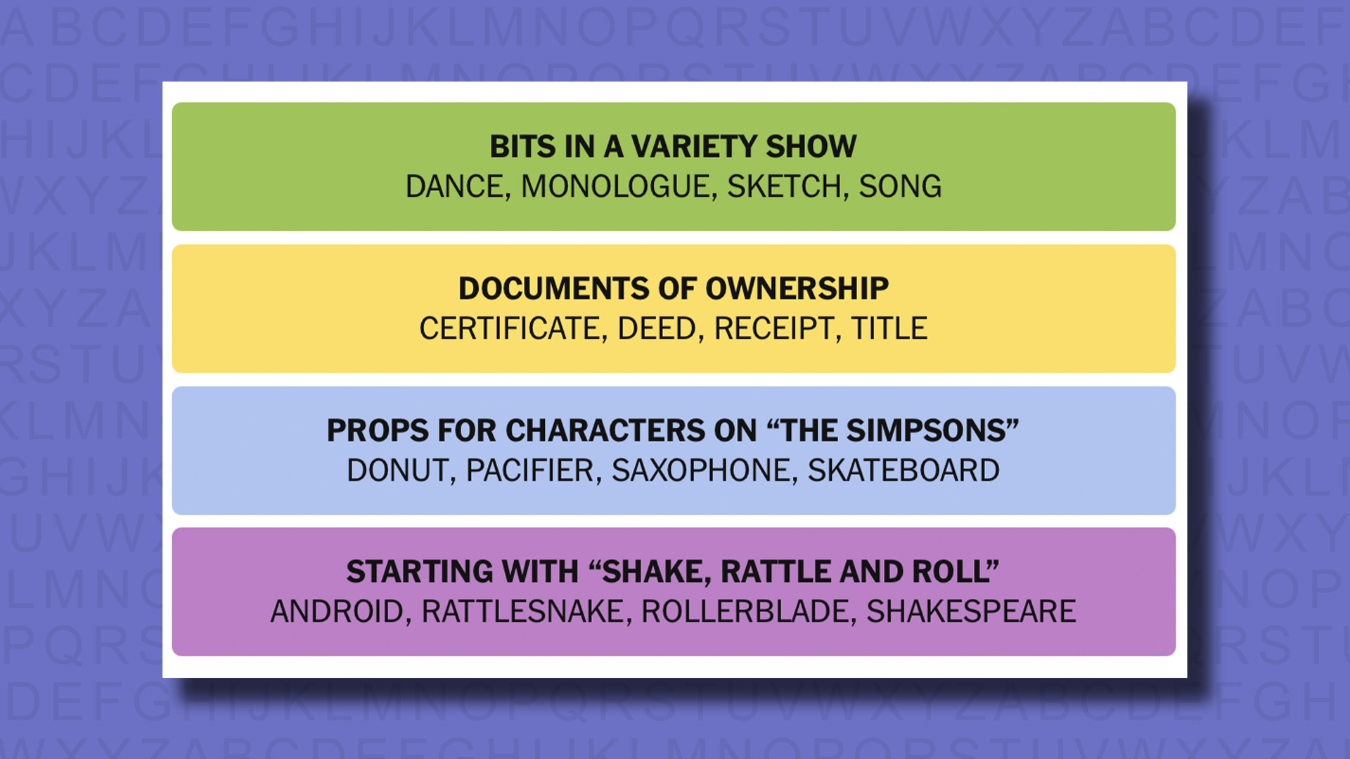 NYT Connections answers for game 612 on a purple background