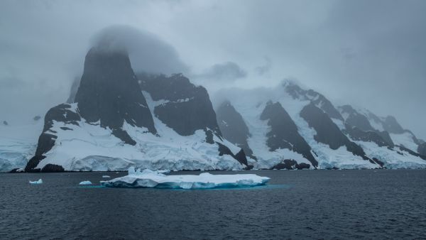 Antarctic sea ice floats in the water in the Lemaire Channel off of Antarctica.