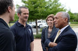 NASA Administrator Charles Bolden (R) and Johnson Space Center Director Ellen Ochoa talk to Expedition 35 astronauts Chris Hadfield and Tom Marshburn May 16, 2013, just days after their May 13 landing in Kazakhstan.