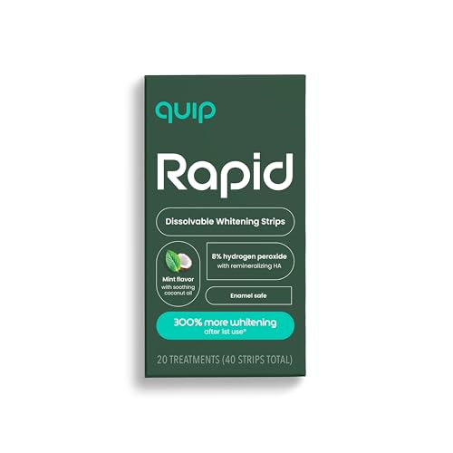 Quip Rapid Dissolvable Teeth Whitening Strips, 8% Hydrogen Peroxide, 3x Whiter after First Use, Fast-Acting 15-Minute Results, Peppermint with Coconut Oil, 40 Strips (20 Treatments)