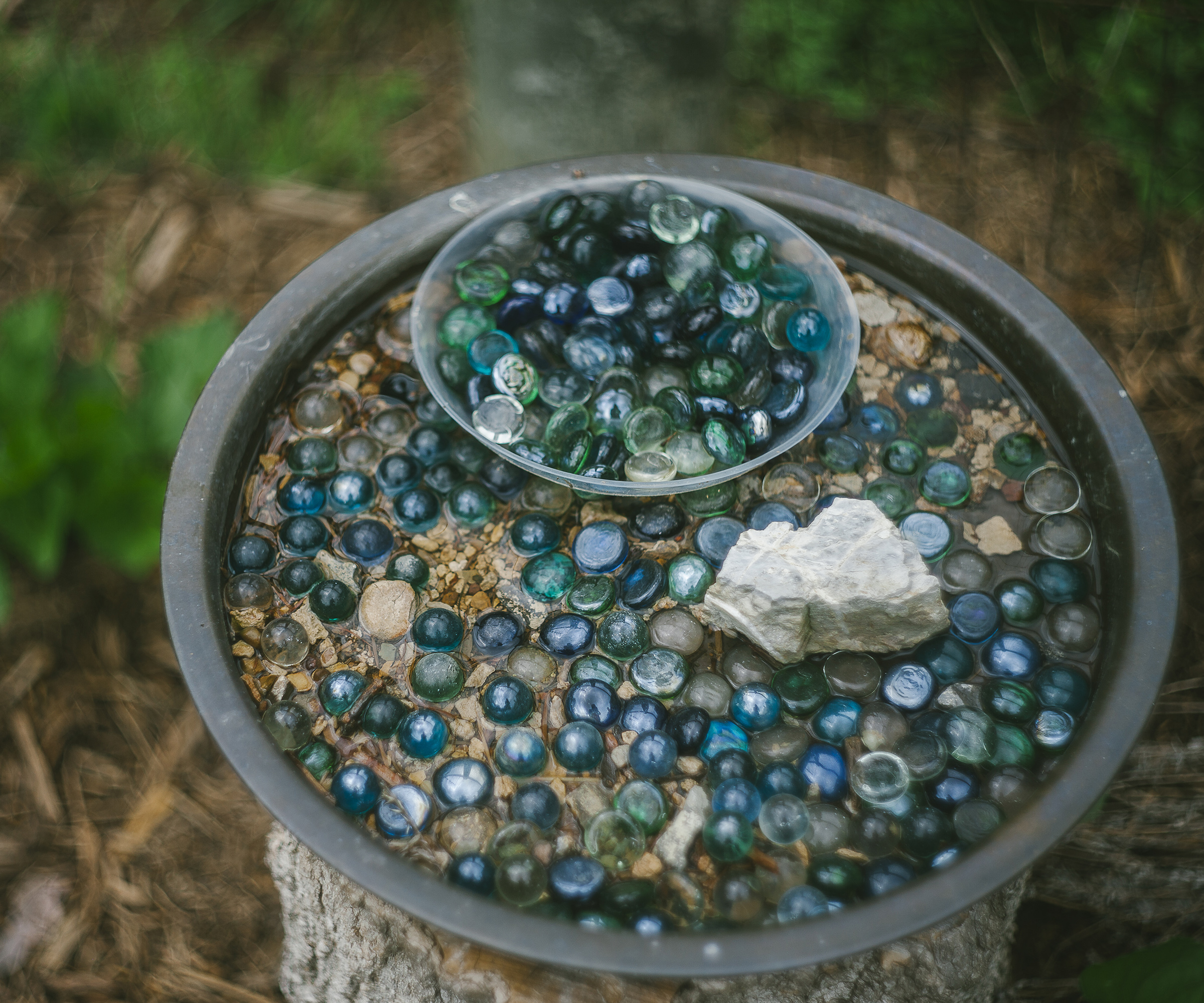 A homemade bee watering station in a shallow dish with marbles and pebbles