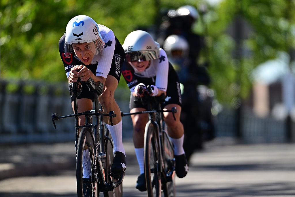 Marlen Reusser and Noemi R&amp;uuml;egg (Switzerland) compete during the Mixed Relay at the 2026 UCI Road World Championships in Montreal, Quebec. (Photo by Tim de Waele/Getty Images)