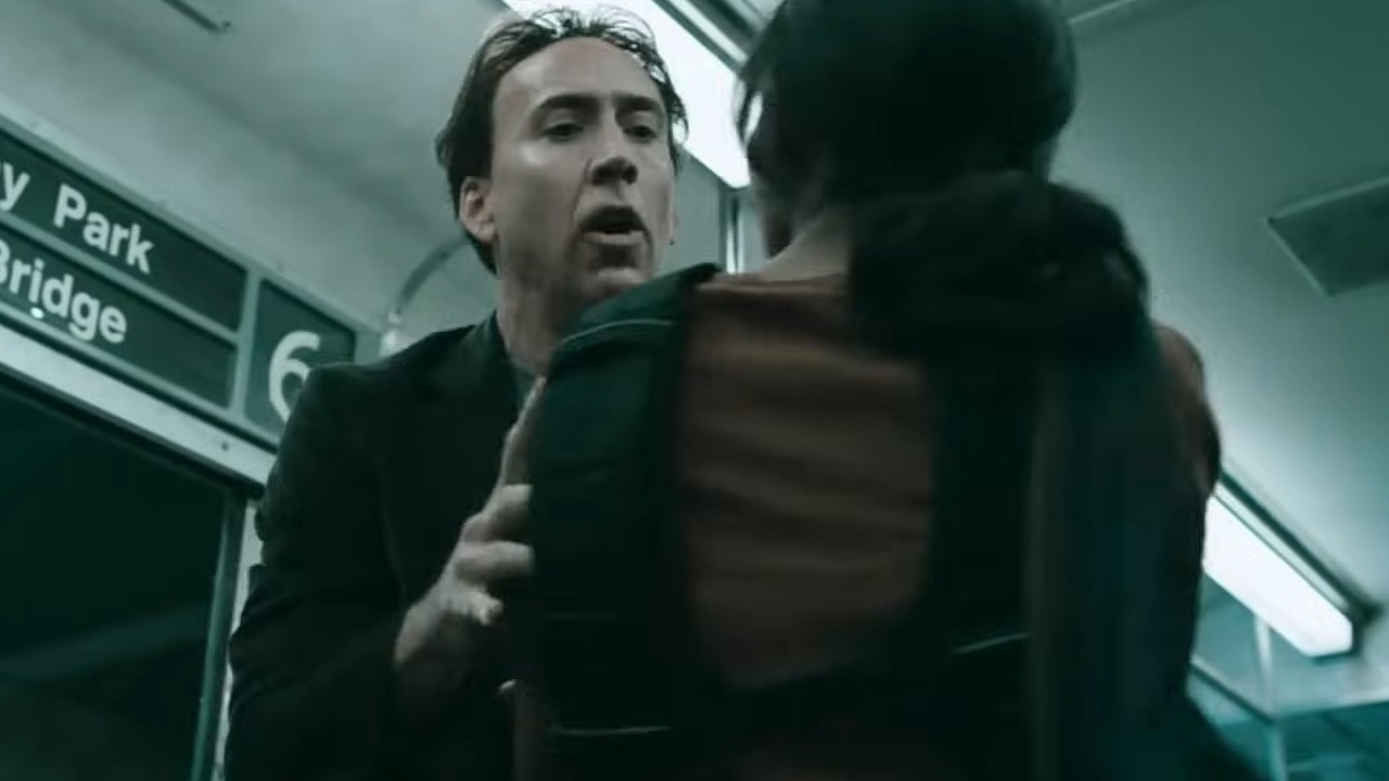 Nicolas Cage urging somebody to get off a train in Knowing