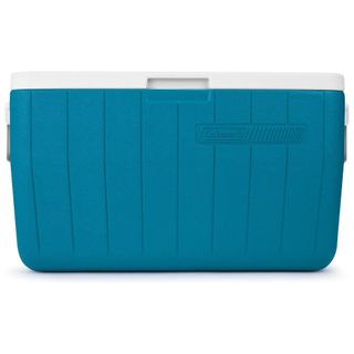 A blue cooler box with white lid