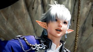 Final Fantasy 14: Dawntrail cinematic screenshot showing Alphinaud Leveilleur, an Elezen boy with short white hair