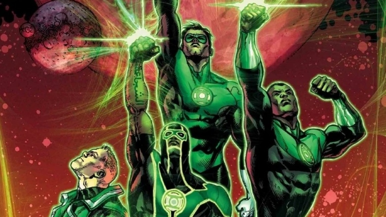 Several Green Lanterns from the comic books shown aiming their rings into the sky, firing beams of green light upwards.