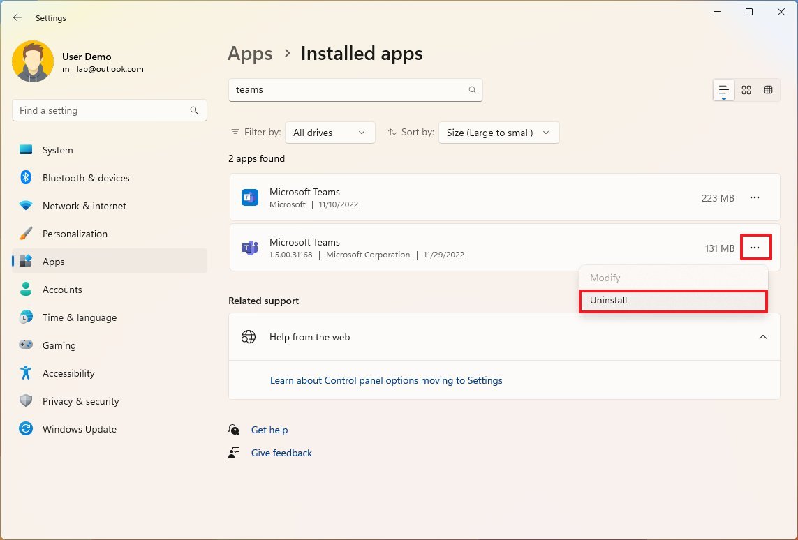 Teams uninstall on Windows 11