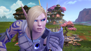 Alleria Windrunner is superimposed over a picture of WoW's latest housing bundle, squinting skeptically.