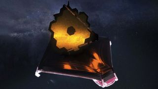 Artist’s conception shows the fully unfolded James Webb Space Telescope in space.
