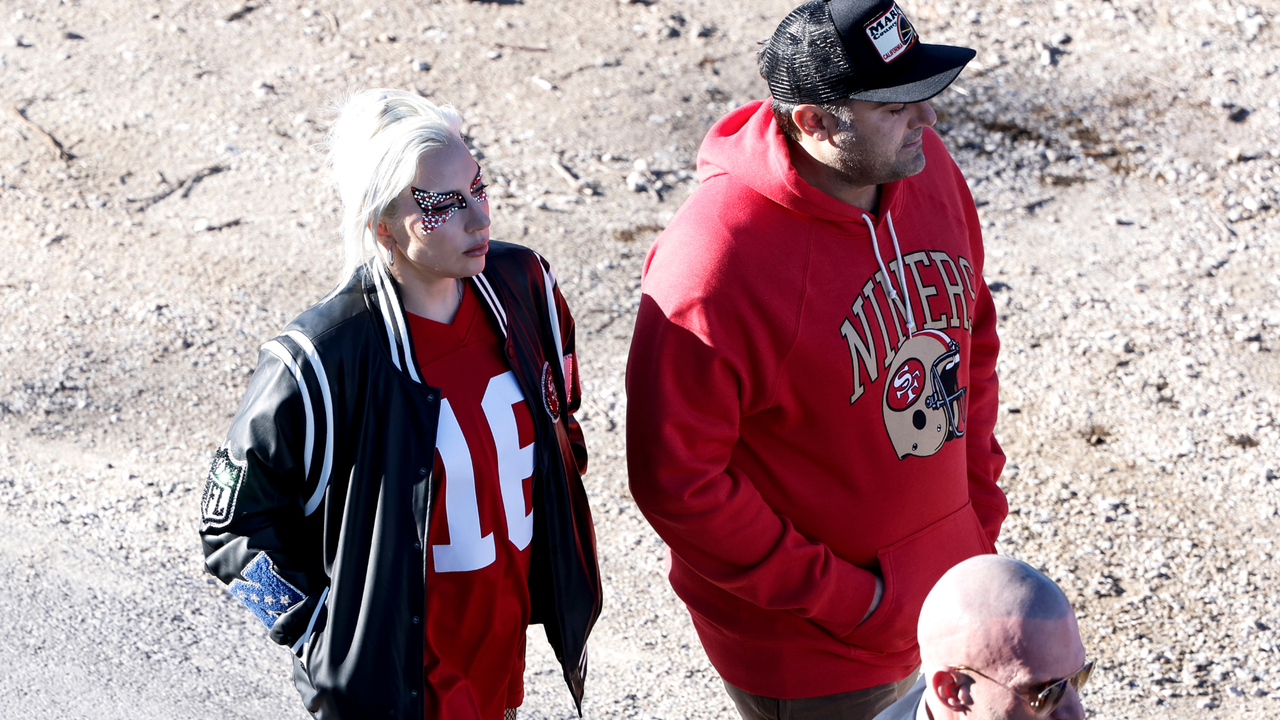 Singer, Songwriter, and actress Lady Gaga and her boyfriend, CEO of the Parker Group Michael Polansky, right, arrive to Allegiant Stadium showing their love for the San Francisco 49ers prior to the start of Super Bowl LVIII against the Kansas City Chiefs at Allegiant Stadium on February 11, 2024 in Las Vegas, Nevada. The Chiefs defeated the 49ers 25 to 22 in OT.