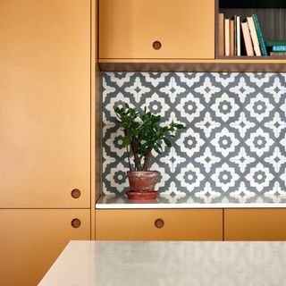 Orange naked kitchens design with hole handles