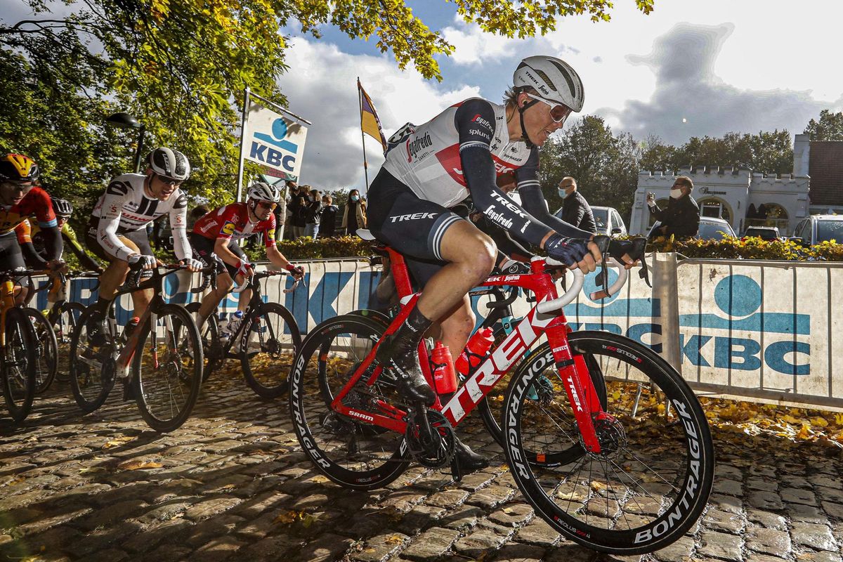 Trek-Segafredo&#039;s Toms Skujins powers over the cobbles at the 2020 edition of Gent-Wevelgem