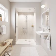 GROHE modern and minimalist bathroom with a glass-door shower and neutral tiles