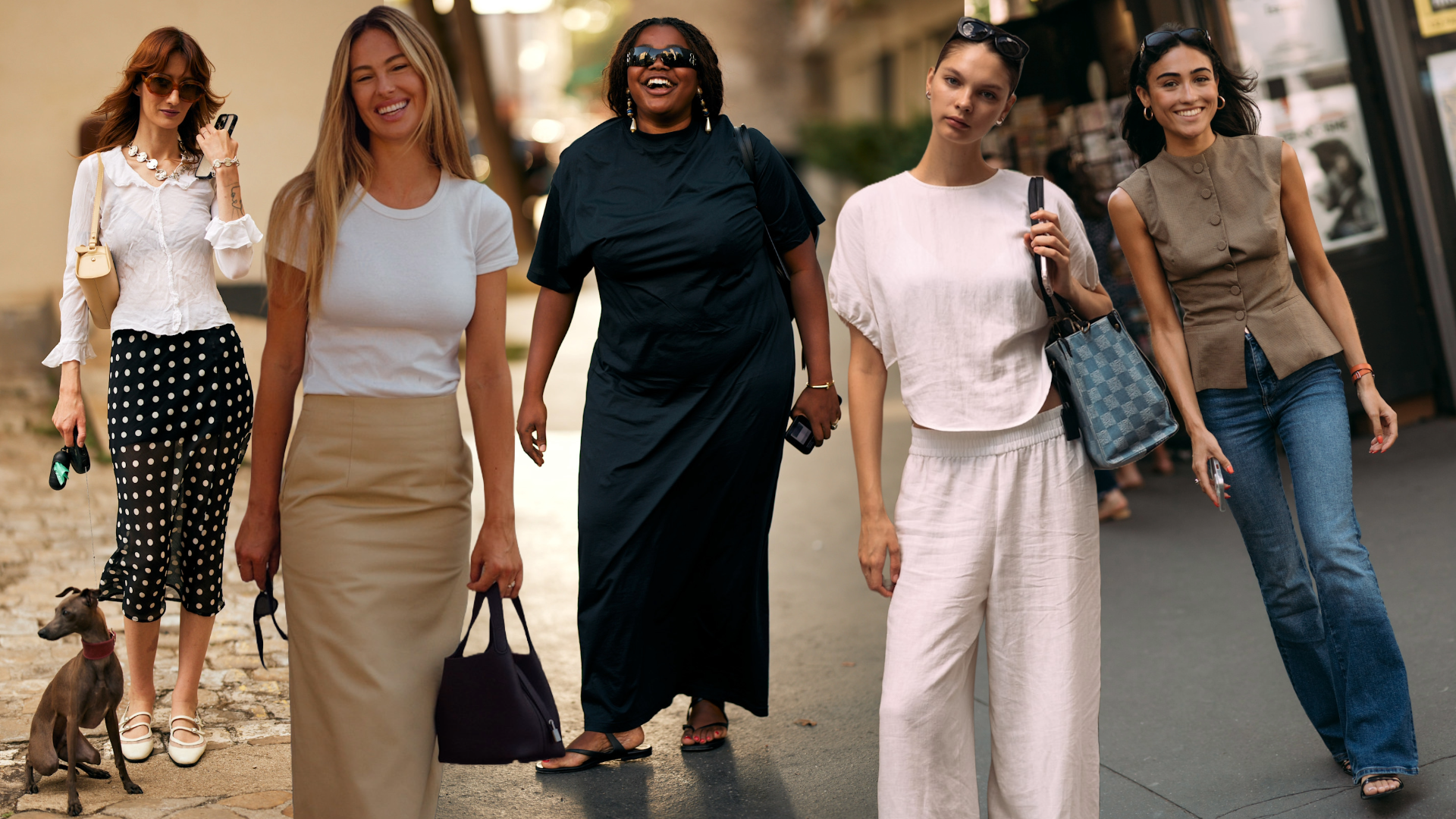 Image collage of fashion week attendees wearing summer work outfits