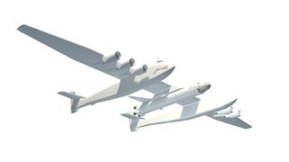 This image released by Microsoft co-founder Paul Allen's Stratolaunch Systems spotlights the company's giant twin-boom aircraft launch pad for private spaceflights.