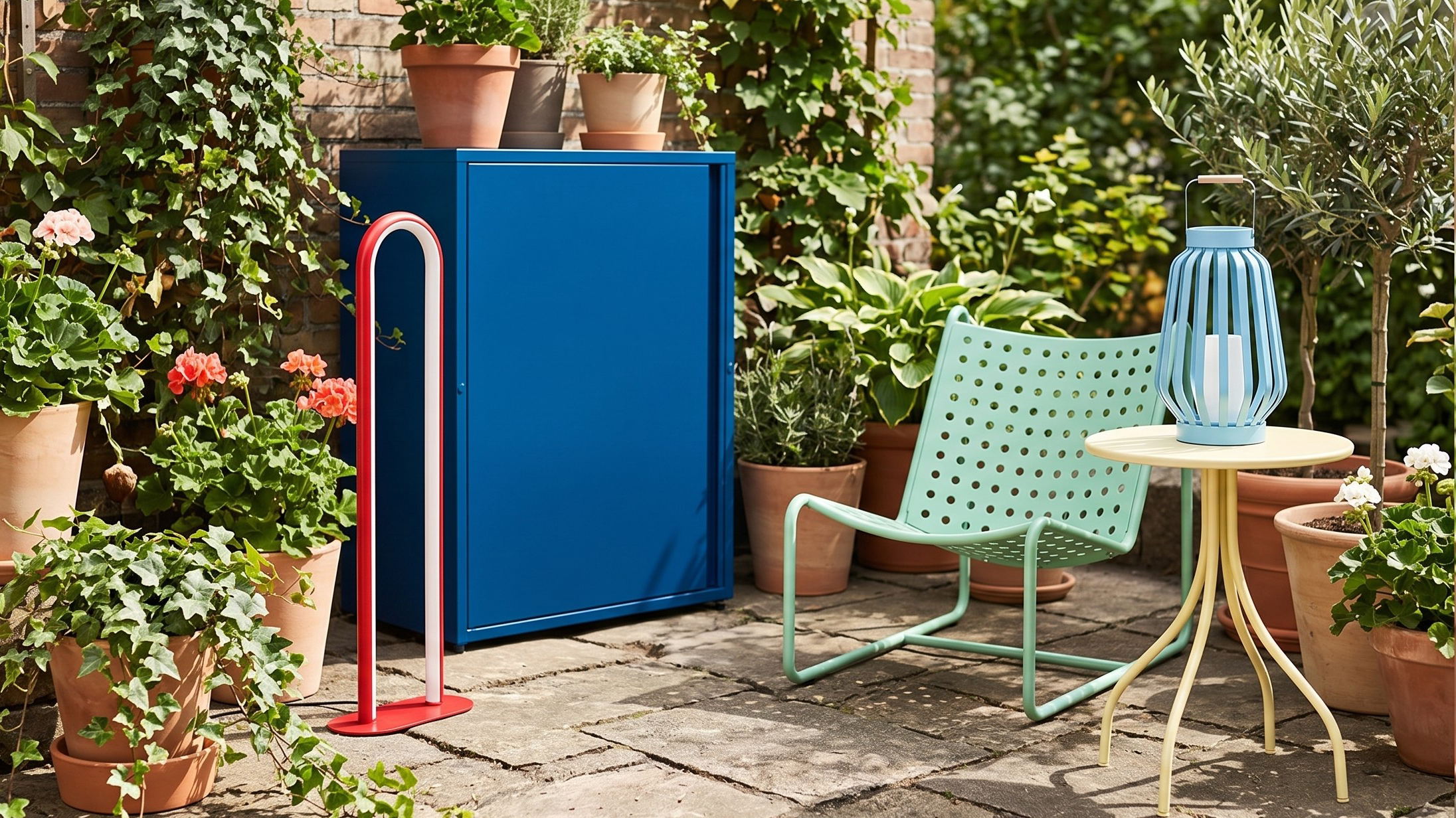 Selection of IKEA outdoor furniture and accessories around a small urban patio