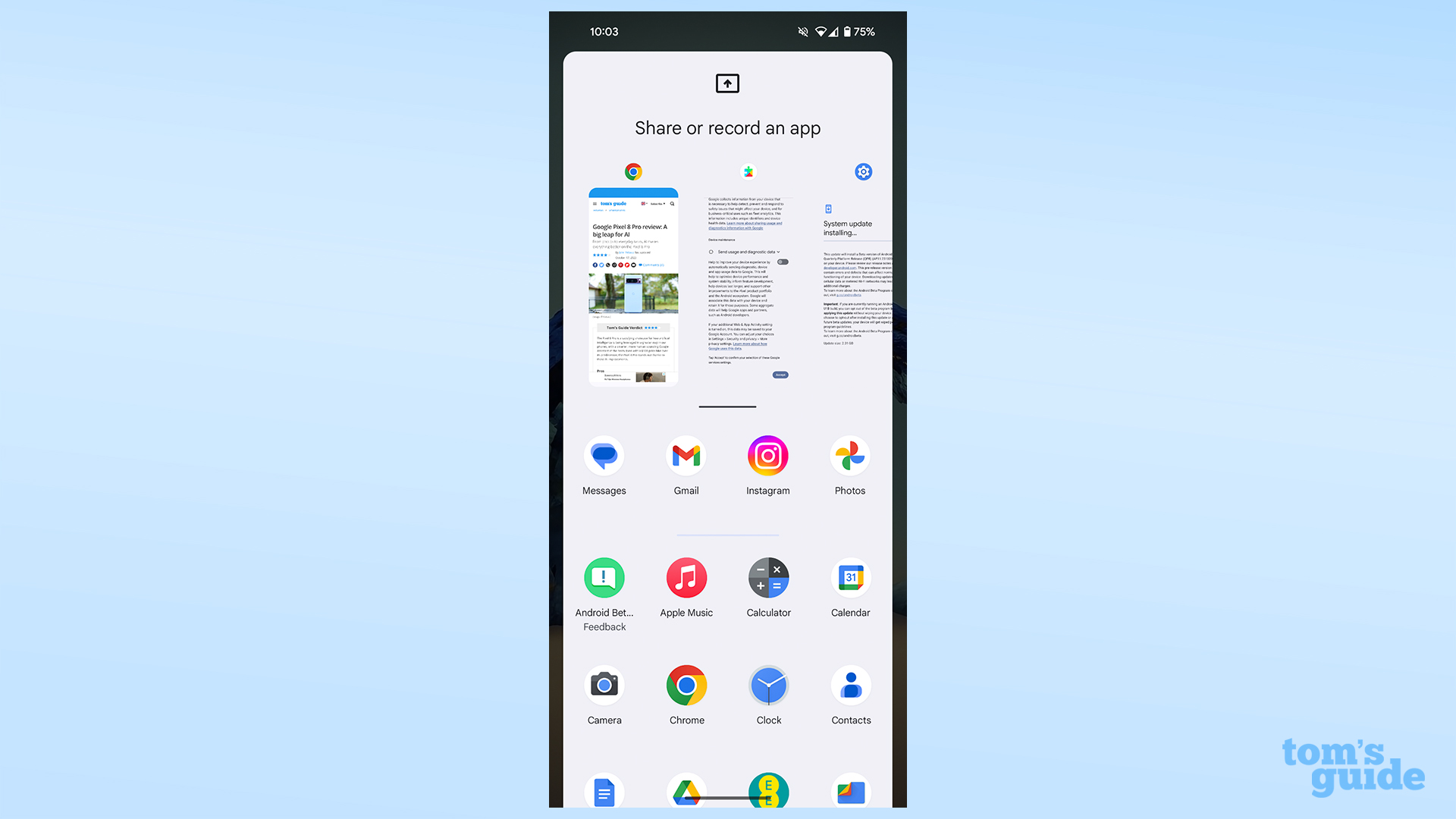 Снимки экрана, показывающие выбор приложений при записи экрана в Android 14.