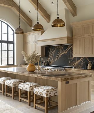 Farmhouse style kitchen with marble backsplash, island with upholstered stools and copper pendant lights