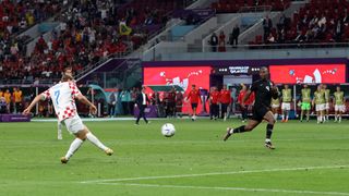 Lovro Majer of Croatia scores their team's fourth goal during the FIFA World Cup Qatar 2022 Group F match between Croatia and Canada at Khalifa International Stadium on November 27, 2022 in Doha, Qatar.
