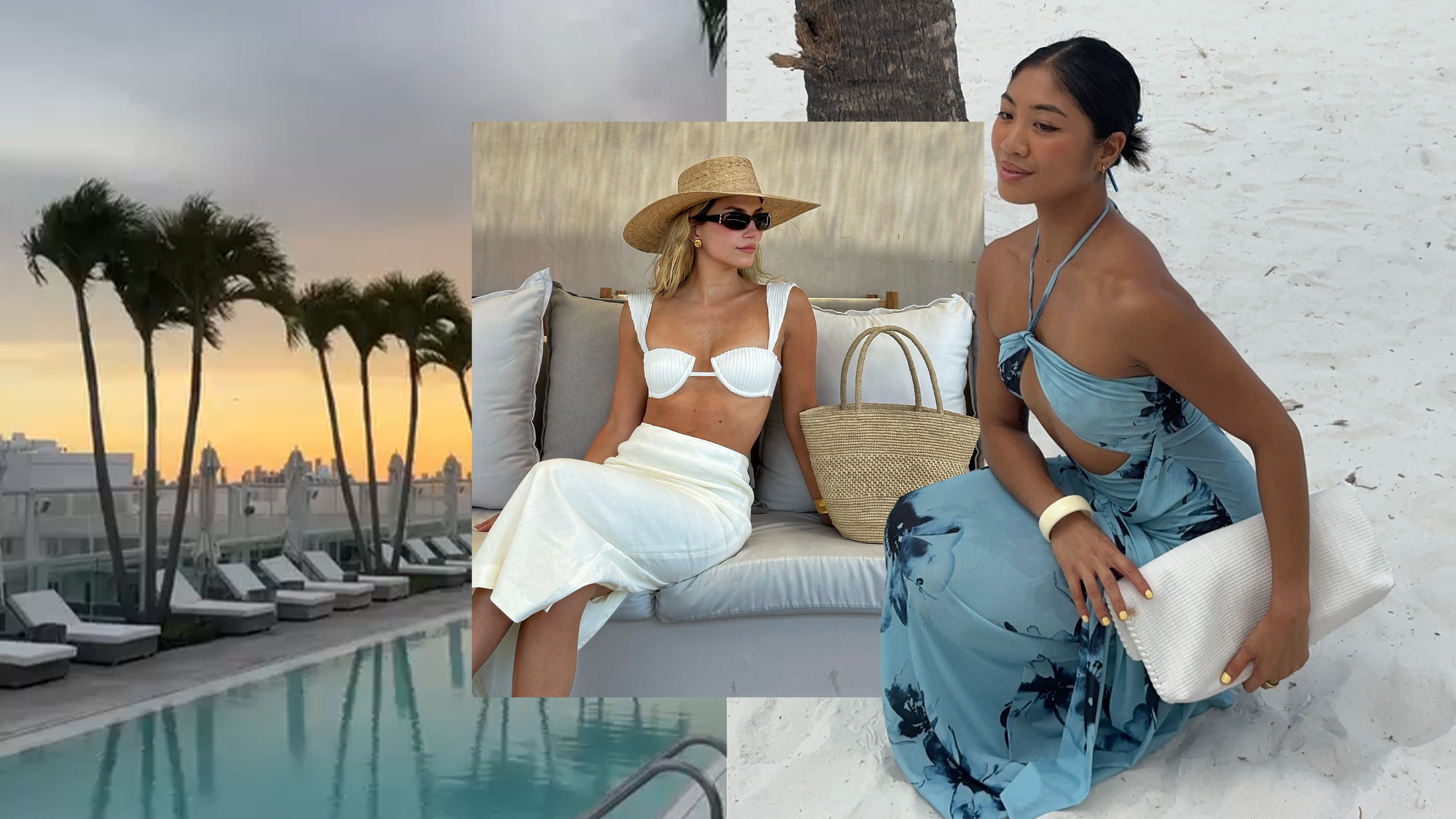 @cassdimicco wearing a white bikini top, straw hat, and white lace skirt; @jeannine.roxas wearing a floral blue dress; @lisadnyc in Miami, Florida