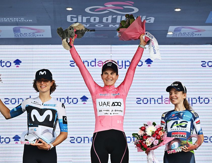 IMOLA, ITALY - JULY 13: (L-R) Marlen Reusser of Switzerland and Team Movistar on second place, overall race winner Elisa Longo Borghini of Italy and UAE Team ADQ - Pink Leader Jersey and Sarah Gigante of Australia and Team AG Insurance - Soudal on third place pose on the podium ceremony after the 36th Giro d&amp;apos;Italia Women 2025, Stage 8 a 134km stage from Forli to Imola / #UCIWWT / on July 13, 2025 in Imola, Italy. (Photo by Luc Claessen/Getty Images)