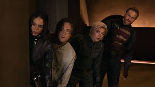 Hannah John-Kamen as Ghost, Lewis Pullman as Sentry, Florence Pugh as Yelena Belova, and Wyatt Russell as US Agent in Thunderbolts