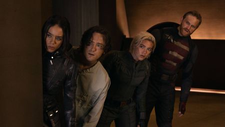 Hannah John-Kamen as Ghost, Lewis Pullman as Sentry, Florence Pugh as Yelena Belova, and Wyatt Russell as US Agent in Thunderbolts