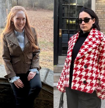 Kristin Contino wearing a brown blazer sitting on a wall; Julia Marzovilla wearing a red houndstooth jacket and sunglasses