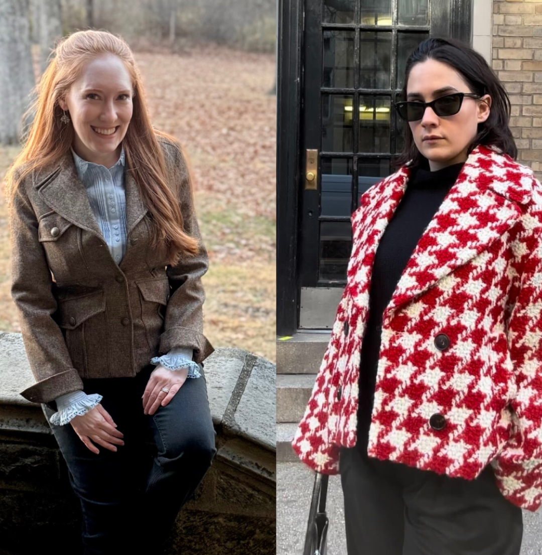 Kristin Contino wearing a brown blazer sitting on a wall; Julia Marzovilla wearing a red houndstooth jacket and sunglasses